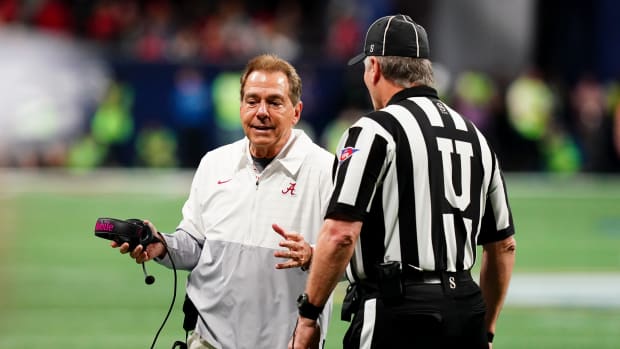 Dec 2, 2023; Atlanta, GA, USA; Alabama Crimson Tide head coach Nick Saban talks with an official in the second quarter against the Georgia Bulldogs in the SEC Championship at Mercedes-Benz Stadium.
